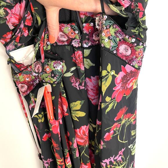 Mac Duggal Embellished Belt Ruffled Halter Strap Gown In Black Multi 9156 16 New - Picture 12 of 16